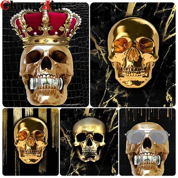 5D Diy Алмазная живопись, золотой металлический череп, вышивка крестом, Череп с короной, роспись, Алмазная художественная вышивка, мозаика, домашний декор, подарки