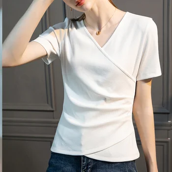 Женская летняя белая футболка с перекрестным V-образным вырезом и коротким рукавом