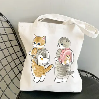 Новая холщовая сумка с милым котом, женская повседневная сумка kawaii большой емкости, многоразовая экологичная хозяйственная сумка на молнии