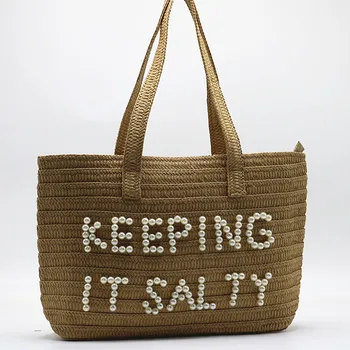 Соломенная сумка большой емкости, дизайнерская сумка с вышивкой жемчужными буквами, летняя пляжная сумка, тканая сумка для путешествий и отпуска 2023 г.