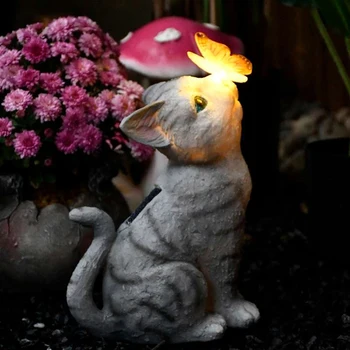 Уличный ночник, скульптура животного, украшение сада, Солнечная Бабочка, Кошка, светодиодный ночник, фигурка феи