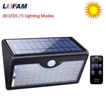 LOFAM 60 LED, 5 режимов, Водонепроницаемая Солнечная Светодиодная подсветка, дистанционное управление, инфракрасный датчик движения PIR, Уличный настенный светильник
