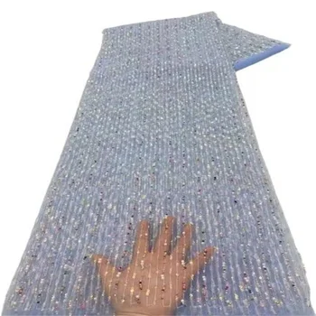 Африканская кружевная ткань с пайетками 2023, Синее Высококачественное кружево из бисера, Французская кружевная ткань, пошив Нигерийских кружевных тканей для платья