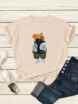 Модный мальчик-медведь в маске, футболки, женская модная футболка Kawaii, уличная повседневная летняя удобная одежда с коротким рукавом