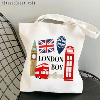 Женская сумка для покупок, сумка с принтом лондонского мальчика, сумка для покупок в стиле Харадзюку, Холщовая сумка для покупок, сумка для девочек, сумка-тоут, женская сумка на плечо