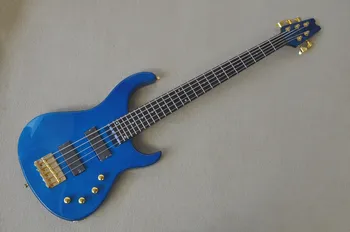 5-Струнная электрическая бас-гитара в синем корпусе с золотой фурнитурой, гриф из розового дерева, предоставляем индивидуальное обслуживание