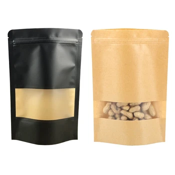 Влагостойкие матовые черно-коричневые пакеты-подставки на молнии, пакеты из крафт-бумаги для закусок, орехов, пакетов для хранения продуктов питания с окошком
