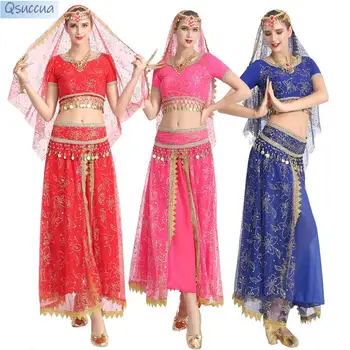 Женский костюм для танца живота, сценические костюмы, блестки, юбка-качели, костюмы для индийских танцев, танцевальные костюмы