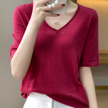Женская футболка Корейская Мода Кашемировые Трикотажные Футболки Одежда для Лета Свитер с коротким рукавом Тонкая Футболка Blcak Белые Топы