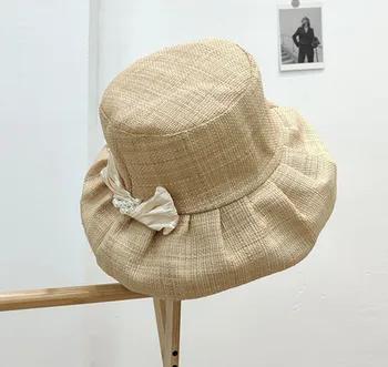 202303-2508803 ins дропшиппинг летняя юбка из рафии и травы Хепберн с лохматыми полями и жемчужным бантом, женская кепка-ведро, женская рыбацкая шляпа