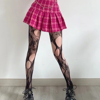 Женские Черные ажурные колготки в готическом стиле в стиле панк, Harajuku Lolita, Нерегулярные рваные Сетчатые колготки с дырками, Цветочный Жаккардовый узор F3MD