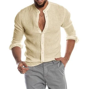 Новая мужская модная повседневная однотонная рубашка на пуговицах, льняная хлопковая удобная повседневная рубашка с длинным рукавом
