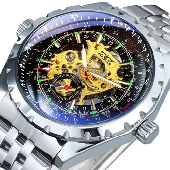 Автоматические часы JARAGAR в стиле милитари в стиле стимпанк со скелетом для мужчин, светящиеся стрелки, вспомогательные циферблаты, спортивные механические часы из нержавеющей стали