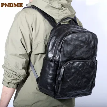 PNDME модные повседневные роскошные мужские рюкзаки из натуральной кожи для путешествий на выходные на открытом воздухе, дизайнерская женская черная школьная сумка из натуральной воловьей кожи