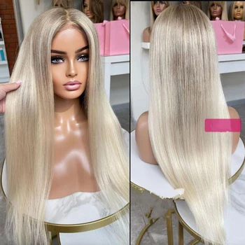 Омбре Блондинка Полный Кружевной Парик Из Человеческих Волос С Корнями # 60 Virgin Hair HD 13x6 Кружевной Фронтальный Парик Подчеркивает Прямой Парик 200% Предварительно Выщипанный