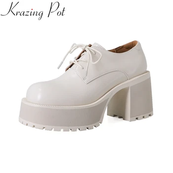 Krazing Pot, Модная весенняя обувь из коровьей кожи на платформе и высоком каблуке, брендовое однотонное платье на шнуровке, Бежевые женские туфли-лодочки для ночного клуба