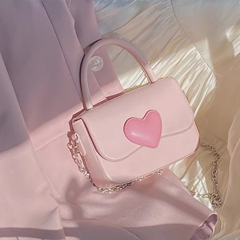 Модная женская сумочка с розовым сердечком для девочек, маленькая квадратная сумка через плечо, женская сумка-мессенджер с цепочкой и верхней ручкой, Подарочная сумочка