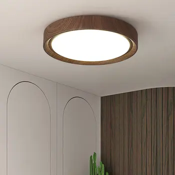 Современная скандинавская светодиодная люстра для спальни, гостиной, кухни, кабинета, потолочный светильник с круглой текстурой орехового дерева, светильник с дистанционным управлением