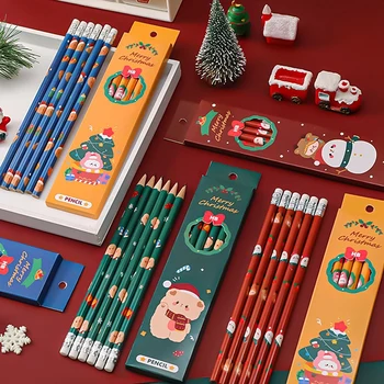 Быстрая доставка 6 шт./лот, Рождественские карандаши в упаковке, набор ручек для рисования, деревянные ручки с резиновыми канцелярскими принадлежностями