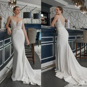 Простое Свадебное платье Русалки С 3D Цветочными Аппликациями, Сексуальное Свадебное Платье на Тонких Бретельках С V-образным вырезом Сзади, Со Шлейфом, Robe De Seriee