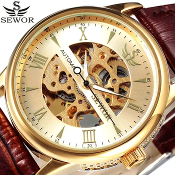Механические часы SEWOR Gold Skeleton, Мужские Часы с кожаным ремешком, мужские Роскошные Наручные часы с автоматическим автоподзаводом Relogio Masculino