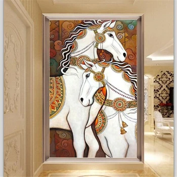обои wellyu на заказ 3D фотообои Европейская картина маслом роскошная пара обои для входа на лошадях фрески 3d papel de parede