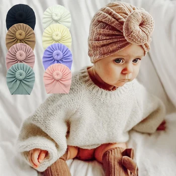 Милая однотонная детская шапочка с большим бантом, Тюрбан, Осень-зима, Мягкая эластичная шапочка для новорожденных Девочек и мальчиков