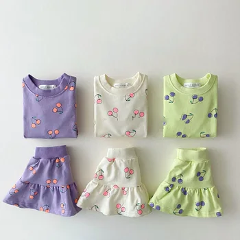 Модная футболка с пышными рукавами для маленьких девочек, летние универсальные топы с вишневым принтом + хлопковая юбка ярких цветов, милый костюм из бутика для девочек