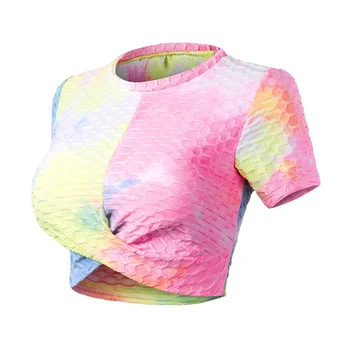 Летняя футболка для йоги, женский спортивный топ, футболка с короткими рукавами, спортивные колготки Bubble с короткими рукавами, одежда для фитнеса