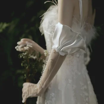 Корейские Новые Свадебные Перчатки Bridal Pearl Из Прозрачного Тюля Серии Sen Extended White Performance Оптом