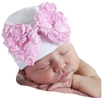 Вязаная эластичная хлопковая шапочка-бини для новорожденных с большим бантом Shaby Rose.
