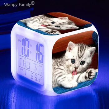 7 цветов, меняющий Цвет Светящийся СВЕТОДИОДНЫЙ Цифровой будильник, Милые Настольные часы с котенком, настенная роспись для детской комнаты, домашний декор, будильник для домашней кошки