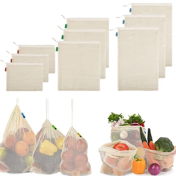 9ШТ Эко многоразовых пакетов для продуктов, Моющаяся сумка на шнурке для хранения фруктов, овощей, бакалеи, Хлопчатобумажные сетчатые сумки для покупок