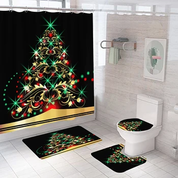 Набор для ванной комнаты в виде Рождественской елки, комплект штор для душа, Водонепроницаемые коврики Санта-Клауса, Противоскользящие коврики, крышка унитаза, Комплект штор для ванны с крючками