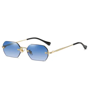 Прямоугольные солнцезащитные очки без оправы Маленькие мужские очки Женские Металлические Золотые многоугольные синие оттенки 2023 UV400 Бескаркасные