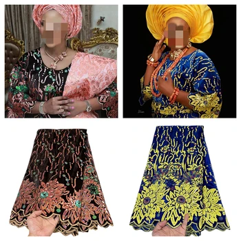 2023 Высококачественная Африканская Нигерийская Тюлевая Кружевная Ткань С Вышивкой Вечернее Платье Блестками Французская Гипюровая Ткань Для Шитья Бархата 5 яРдов