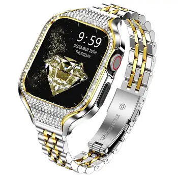 Блестящий Металлический корпус + Ремешок для Apple Watch Band 41 мм 40 мм нарядный браслет из нержавеющей стали + Чехол со стразами iwatch series SE 7 6 5 4 8