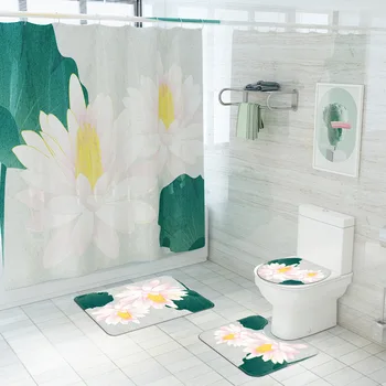 Высококачественный Небольшой Свежий комплект штор для душа, комплект штор для ванной с белым цветочным принтом, противоскользящий коврик, крышка унитаза, коврик для ванной