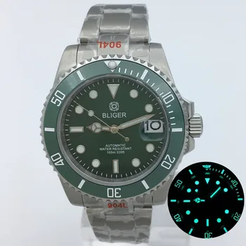 BLIGER 40mm NH35A PT5000 Зеленые мужские часы для дайвинга С зеленым циферблатом, керамический светящийся безель, Сапфировое стекло, Дата, матовый устричный ремень