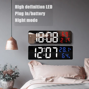 Большие цифровые зеркальные настенные часы с индикацией температуры и влажности, ночной режим отключения звука, настольные будильники, Электронные светодиодные часы на 12/24 часа