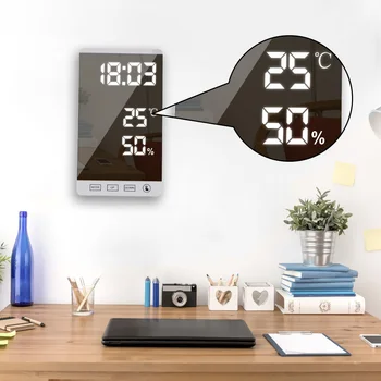 Выходной порт USB Настольные часы Сенсорная кнопка Настенные цифровые часы Время Температура Влажность Дисплей Светодиодный зеркальный будильник 6 дюймов