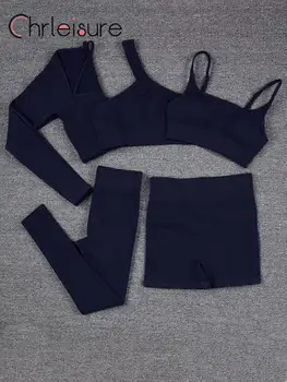 CHRLEISURE Комплект для йоги из 5 предметов, женский спортивный топ для тренажерного зала, бесшовные леггинсы для фитнеса, пуш-ап, спортивная одежда, шорты для бега для женщин