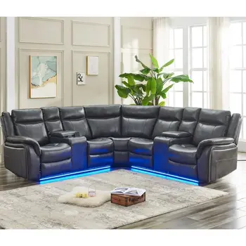 Секционный диван с откидывающейся спинкой Со светодиодной лентой, Подъемник для хранения, Серый диван для гостиной