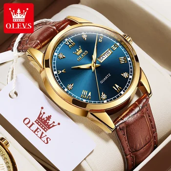 Оригинальные мужские кварцевые часы OLEVS с кожаным ремешком, бриллиантовым дизайном, модной простотой, деловые наручные часы для мужчин, часы с автоматической датой.