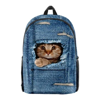 Рюкзак с 3D принтом Рваных джинсов и кошек, Женский Мужской Повседневный Водонепроницаемый Оксфордский рюкзак для ноутбука Kawaii, Школьный рюкзак для мальчиков и девочек, Студенческий рюкзак