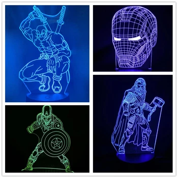 3D Лампа Marvel Avengers Капитан Америка Тор Фигурка Железного Человека Светодиодный ночник 7-цветная лампа, меняющая цвет, Рождественские подарки для детей