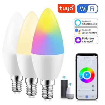 Tuya Smart Wifi Светодиодная лампа E14 Alexa Лампа RGB WW CW С регулируемой яркостью 5 Вт 7 Вт 9 Вт Свеча для Дома Голосовое Управление Работает с Google Home