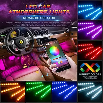 Автомобильная RGB светодиодная неоновая лампа для освещения салона, декоративная подсветка атмосферы, беспроводное управление приложением телефона для Android IOS, комплект для ног