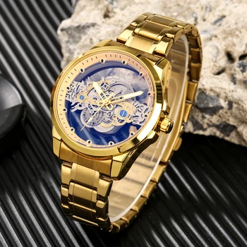 Роскошные золотые мужские часы, кварцевые мужские наручные часы, прозрачная имитация механического горизонтального циферблата, золотой ремешок, складывающаяся пряжка