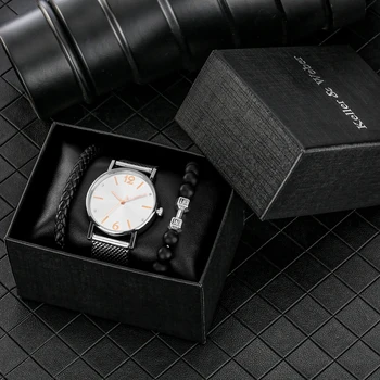 Оригинальный роскошный подарок 2023 года для мужчины, полностью черные кварцевые часы, силиконовый сетчатый ремень и 2 браслета, лучшие подарки ко Дню отца На День рождения